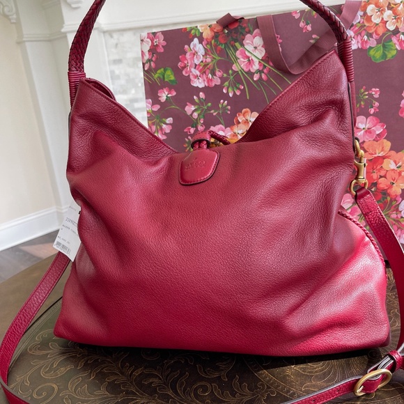 Gucci Red Deer Leather Hip Bamboo Handbag Bordeaux Large Soft Shoulder Tote Bag - Picture 2 of 16